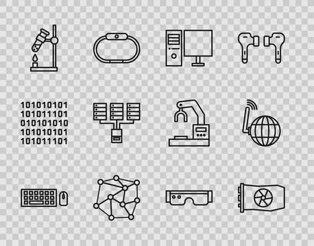 Set line Keyboard and mouse, Video graphic card, Computer monitor, Neural Stock Illustration