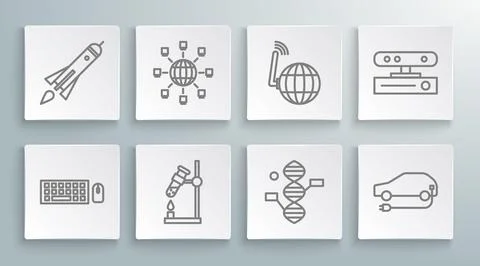 Set line Keyboard and mouse, Social network, Test tube flask on fire, DNA s.. Stock Illustration