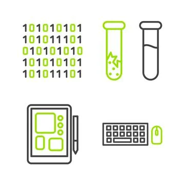 Set line Keyboard and mouse, Graphic tablet, Test tube flask and Binary cod.. Illustrazione stock