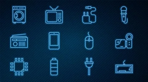 Set line Keyboard, Cinema camera, Charger, Smartphone, mobile phone, Radio with Stock Illustration