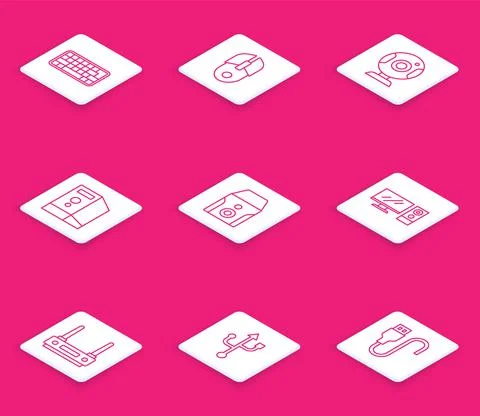 Set line Keyboard, Computer mouse, Web camera, Case of computer, Uninterruptible Stock Illustration