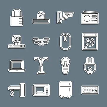 Set line Keyboard, Electric plug, Washer, Security camera, Drone flying, Smart Stock Illustration