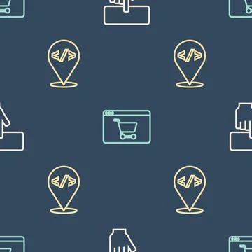 Set line Keyboard, Front end development and Online shopping screen on seamless Stock Illustration