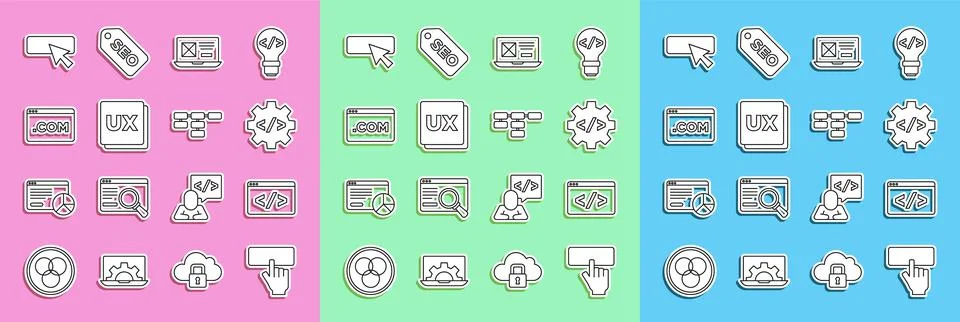 Set line Keyboard, Front end development, UI or UX design, and Site map icon Illustrazione stock