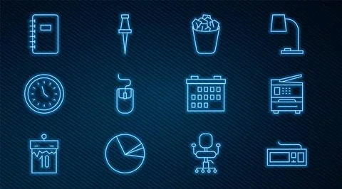 Set line Keyboard, Printer, Full trash can, Computer mouse, Clock, Spiral Stock Illustration