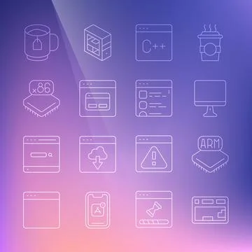 Set line Keyboard, Processor, Computer monitor screen, Software, Search engine Stock Illustration