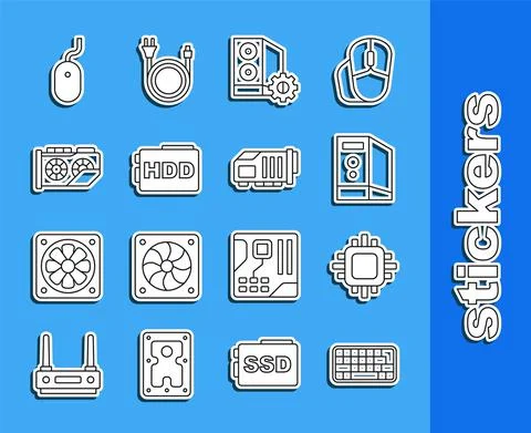 Set line Keyboard, Processor with CPU, Case of computer, Hard disk drive HDD Illustrazione stock
