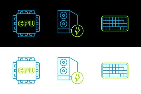 Set line Keyboard, Processor with CPU and Case of computer icon. Vector 스톡 일러스트