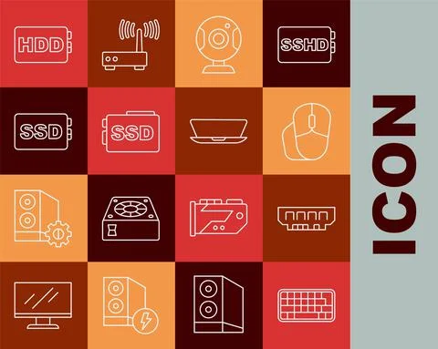 Set line Keyboard, RAM, random access memory, Computer mouse, Web camera, SSD 스톡 일러스트