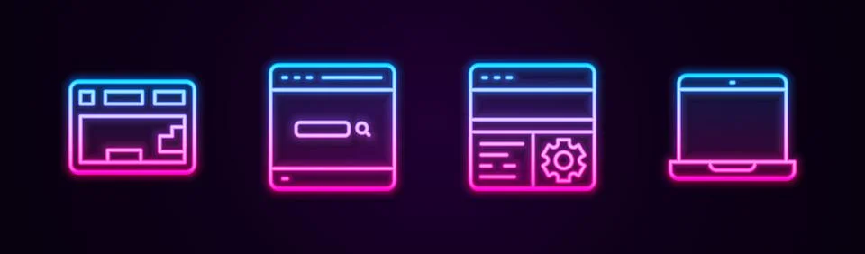 Set line Keyboard, Search engine, Debugging and Laptop. Glowing neon icon Stock-Illustration