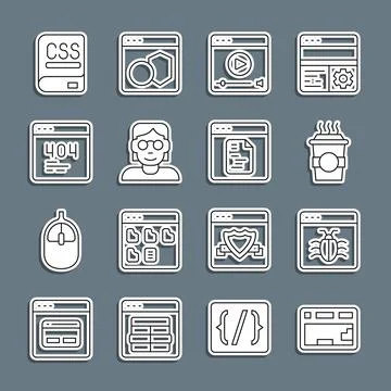 Set line Keyboard, System bug, Coffee cup to go, Online play video, Hacker or Stock Illustration