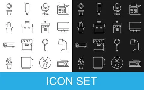 Set line Keyboard, Table lamp, Computer monitor screen, Office chair, Briefcase Stock Illustration