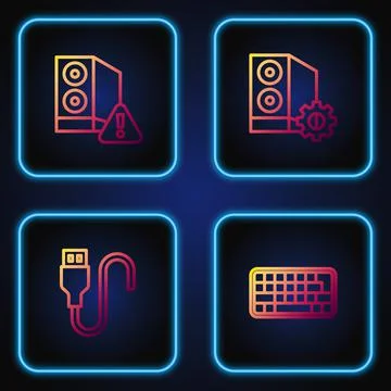 Set line Keyboard, USB cable cord, Case of computer and . Gradient color icons Illustrazione stock