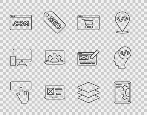 Set line Keyboard, Web development, Online shopping on screen, UI or UX design Stock Illustration