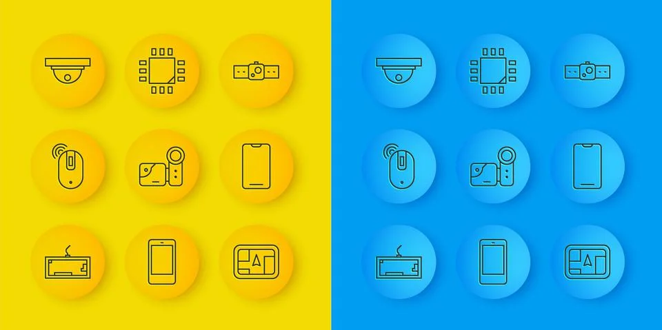Set line Keyboard, Wireless computer mouse, Cinema camera, Gps device with map Stock Illustration