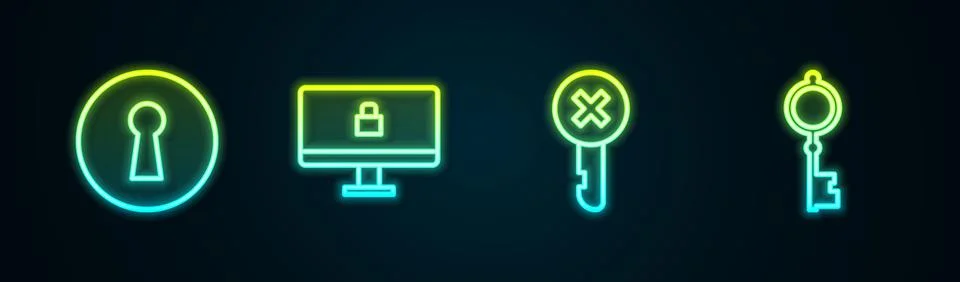 Set line Keyhole, Lock on computer monitor, Wrong key and Old. Glowing neon icon Stock Illustration