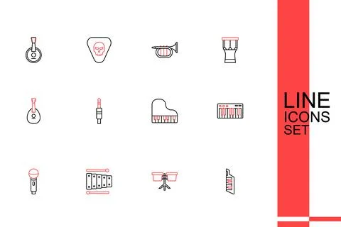 Set line Keytar Bongo drum Xylophone Microphone Music synthesizer Grand piano Illustrazione stock