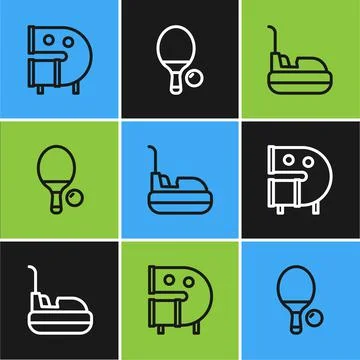 Set line Kid playground slide pipe, Bumper car and Racket and ball icon. Vector Stock Illustration