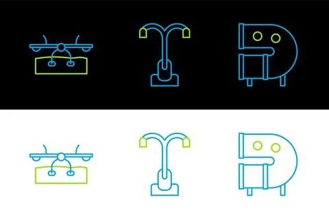 Set line Kid playground slide pipe, Seesaw and Street light icon. Vector Stock Illustration
