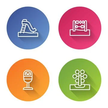 Set line Kid slide, Abacus, Trash can and Ferris wheel. Color circle button Stock Illustration