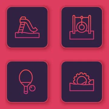 Set line Kid slide, Racket and ball, Car tire hanging on rope and Ferris wheel Stock Illustration