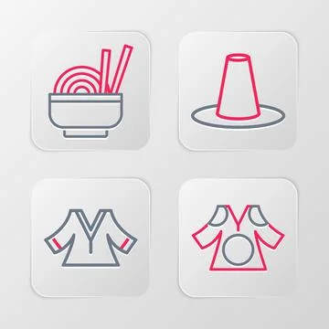 Set line Kimono, Korean hat and Asian noodles in bowl icon. Vector Stock Illustration