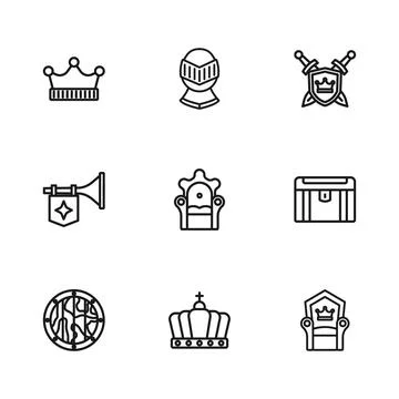 Set line King crown, Antique treasure chest, Medieval throne, Shield with s.. Stock Illustration