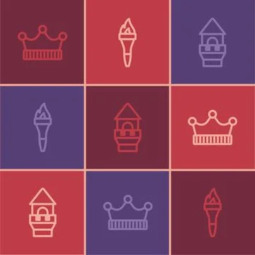 Set line King crown, Castle tower and Torch flame icon. Vector Stock Illustration