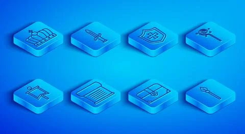 Set line King crown, Dagger, Shield, Decree, parchment, scroll, Antique treasure Illustrazione stock