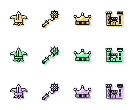 Set line King crown, Fleur de lys or lily flower, Mace with spikes and Castle Illustration
