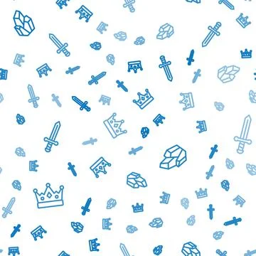 Set line King crown, Magic stone and Medieval sword on seamless pattern. Vector Stock Illustration