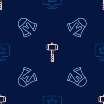 Set line King crown, Medieval helmet and Battle hammer on seamless pattern Stock Illustration