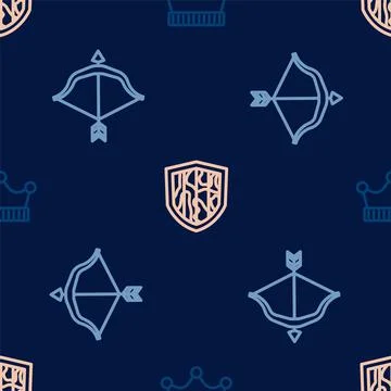 Set line King crown, Medieval bow and arrow and Shield on seamless pattern 库存插图