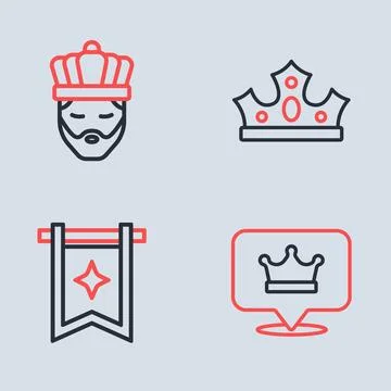 Set line King crown, Medieval flag,  and with icon. Vector Stock Illustration