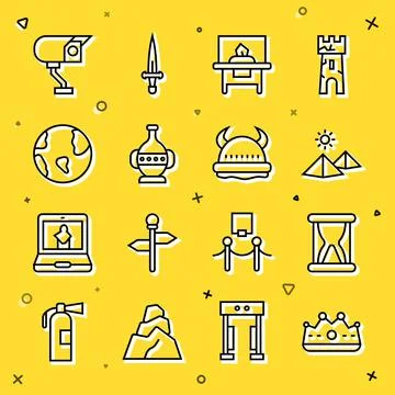 Set line King crown, Old hourglass with sand, Egypt pyramids, Glass showcase for Ilustração Stock