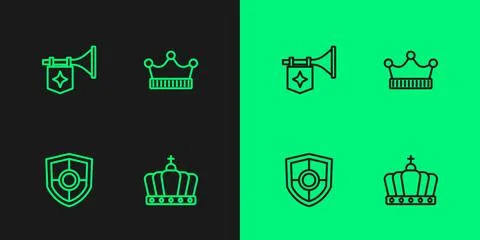 Set line King crown, Shield, Trumpet with flag and icon. Vector Stock Illustration