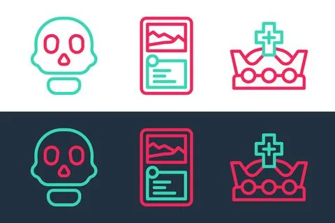 Set line King crown, Skull and Card game collection icon. Vector Stock Illustration
