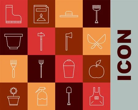 Set line Kitchen apron, Apple, Gardening handmade scissors, Worker hat, Hammer Stock Illustration