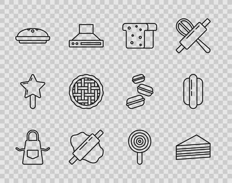 Set line Kitchen apron, Cake, Bread toast, Rolling pin dough, Homemade pie,.. Stock Illustration