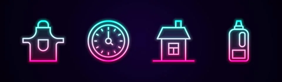 Set line Kitchen apron, Clock, House and Bottle for detergent. Glowing neon icon Stock Illustration