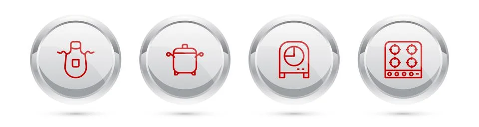 Set line Kitchen apron, Cooking pot, timer and Gas stove. Silver circle button Stock Illustration