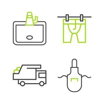 Set line Kitchen apron, Garbage truck, Drying clothes and Washbasin icon. Vector Stock Illustration