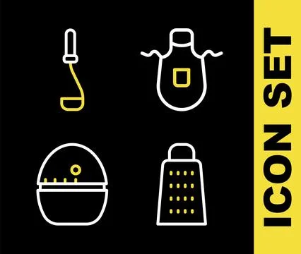 Set line Kitchen apron, Grater, timer and ladle icon. Vector Illustrazione stock