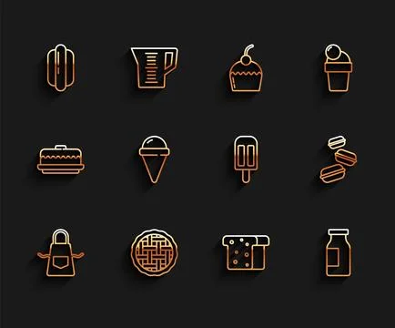Set line Kitchen apron, Homemade pie, Hotdog sandwich, Bread toast, Bottle .. Illustrazione stock
