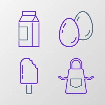 Set line Kitchen apron, Ice cream, Easter eggs and Paper package for milk icon Stock Illustration
