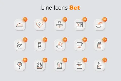 Set line Kitchen apron, Slow cooker, Electric kettle, Gas stove, Fried eggs.. Stock Illustration