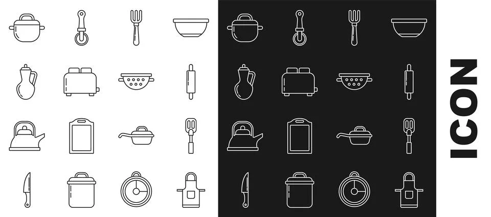 Set line Kitchen apron, Spatula, Rolling pin, Fork, Toaster with toasts, Bo.. Stock Illustration