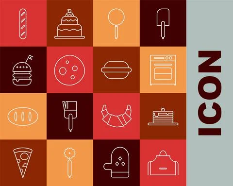 Set line Kitchen apron, Stack of pancakes, Oven, Frying, Cookie or biscuit with Stock Illustration