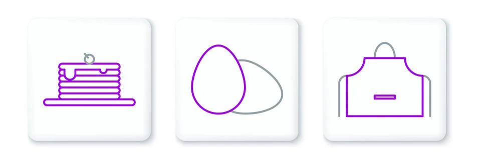 Set line Kitchen apron, Stack of pancakes and Chicken egg icon. Vector イラスト素材