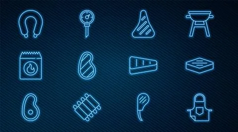 Set line Kitchen apron, Steak meat, Barbecue coal bag, Sausage, and thermometer Stock Illustration